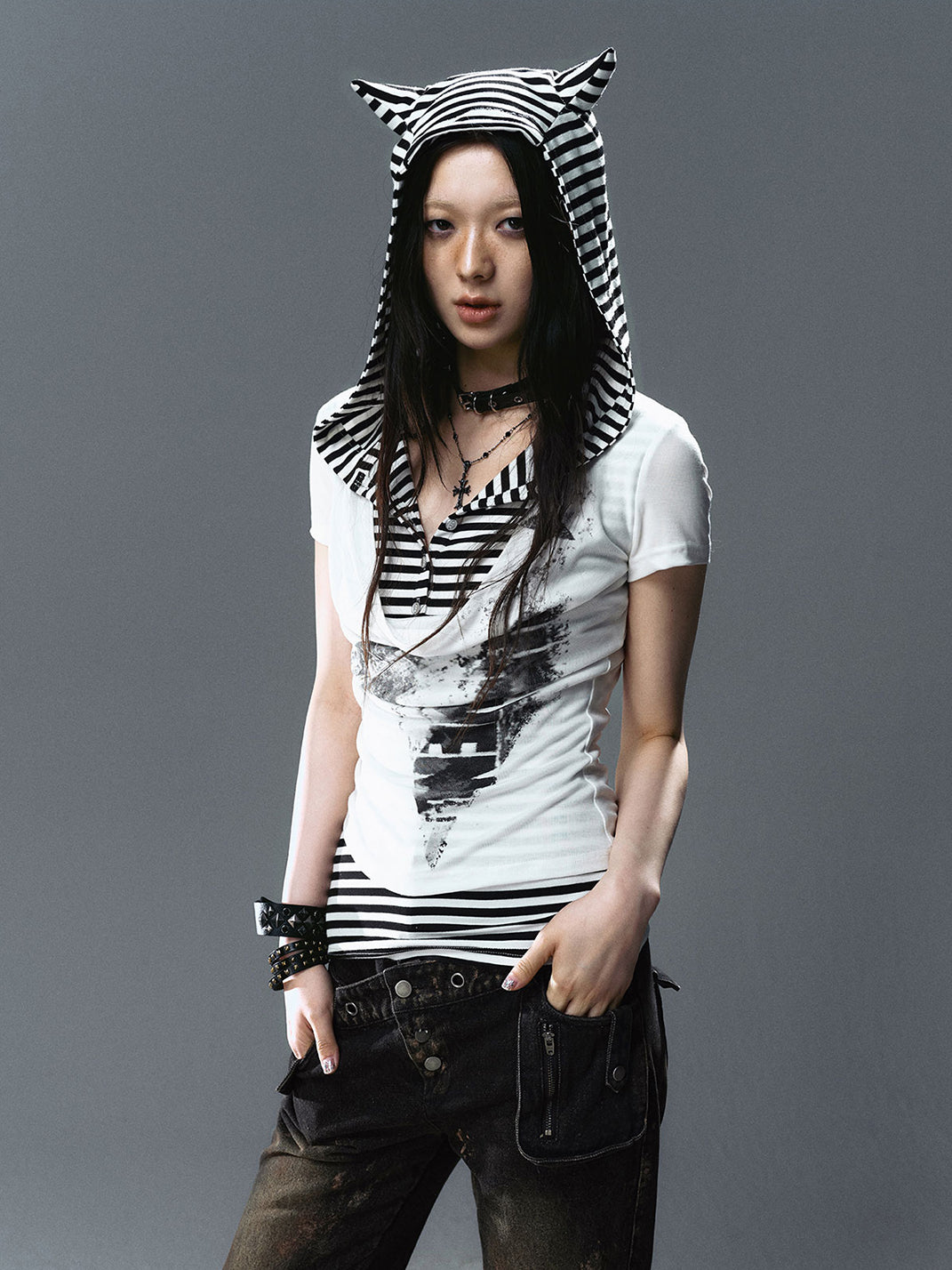 CestNous|Women's Cat Ear Striped Layered T-Shirt - PSYLOS 1, CestNous|Women's Cat Ear Striped Layered T-Shirt, T-Shirt, CestNous, PSYLOS 1